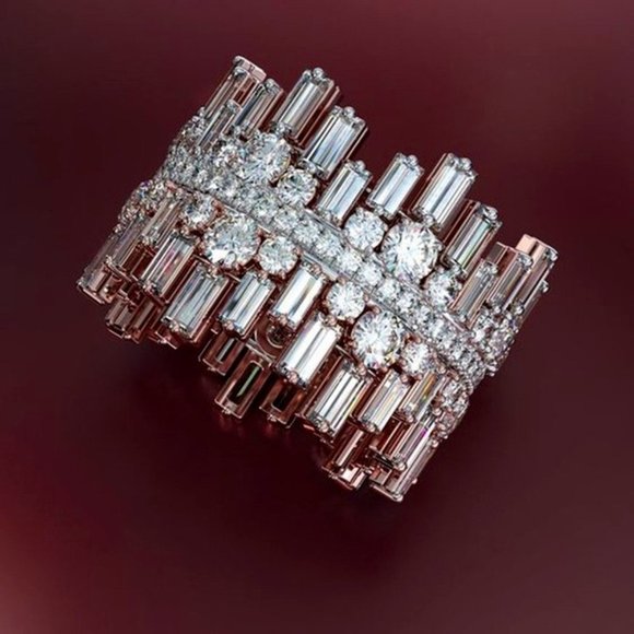 18K WHITE GOLD-PLATED BAGUETTE AND ROUND DIAMOND RING - Picture 1 of 6